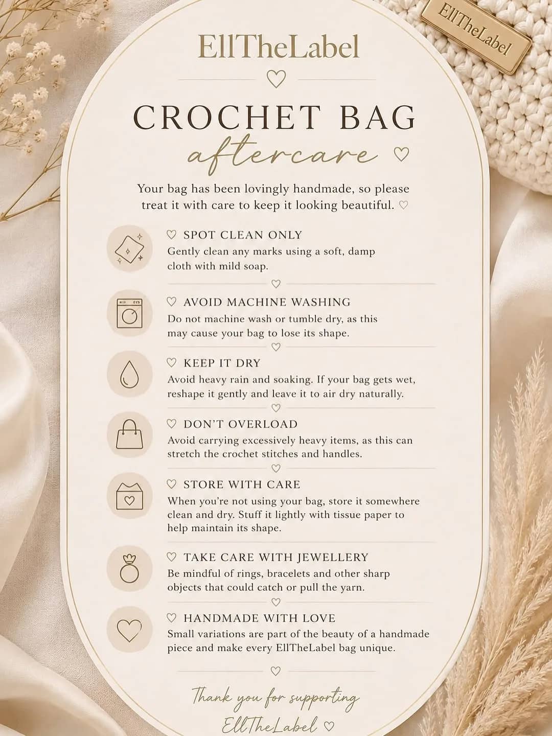 EllTheLabel crochet bag aftercare card with care instructions